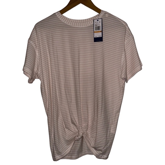 NWT Nautica women’s twist front T-shirt size small tan and white fine stripes - Picture 1 of 5